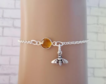 Bumblebee Bracelet or Anklet - Personalized Birthstone Bracelet - 925 Sterling Silver - Rolo Chain - Dainty Minimalist Bracelet