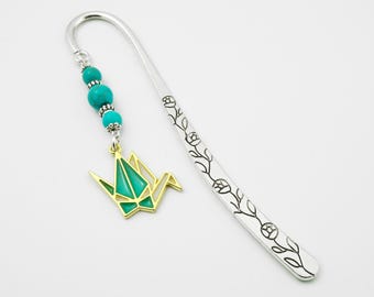 Origami Bird Charm Bookmark: Beaded Metal Japanese Book Marker