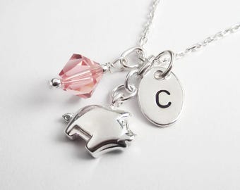 Sterling Silver Pig Necklace: Personalized Initial & Birthstone Charm