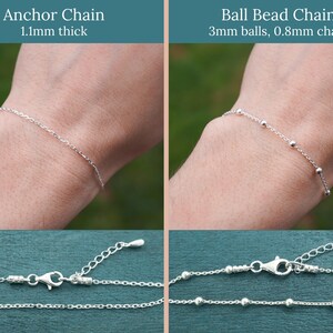May include: Two silver chain bracelets are displayed. One is an anchor chain, 1.1mm thick, and the other is a ball bead chain with 3mm balls and a 0.8mm chain. The clasps and adjustable chain are also visible.