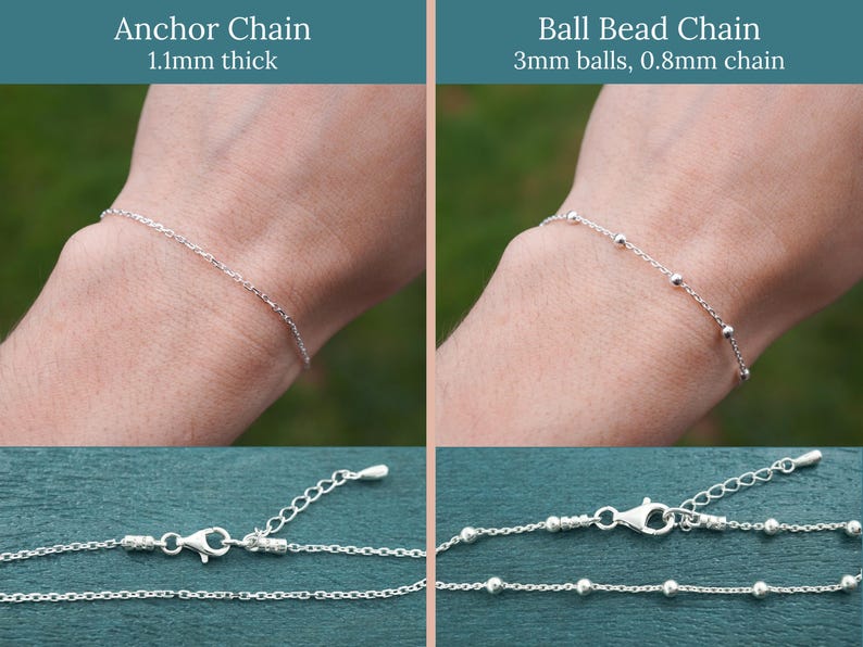 May include: Two silver chain bracelets are displayed. One is an anchor chain, 1.1mm thick, and the other is a ball bead chain with 3mm balls and a 0.8mm chain. The clasps and adjustable chain are also visible.