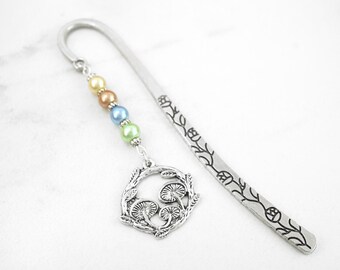 Mushrooms Bookmark - Magic Mushrooms Charm Bookmark - Silver Botanical Charm - Cottagecore Gift Ideas - Tibetan Silver Beaded Bookmark
