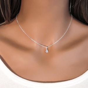 Tiny Teardrop Necklace - 925 Sterling Silver Necklace - Dainty Cubic Zirconia Tear Drop Charm - Minimalist Jewelry - Simple Everyday Jewelry