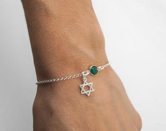 Star of David Bracelet for Women - Star of David Anklet - Birthstone Bracelet, 925 Sterling Silver Rolo Chain Dainty, Jewish Charm Bracelet