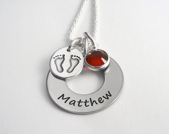 Personalized Baby Name Necklace: Stainless Steel Disc, Sterling Silver Feet, Birthstone