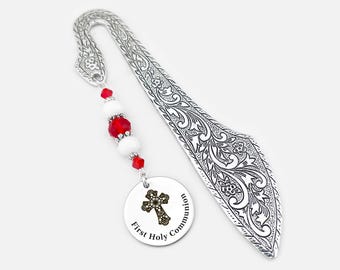 First Communion Bookmark - 1st Holy Communion Gifts for Girls - Engraved Fancy Cross Bookmark - FIrst Communion Favors - Religious Bookmark