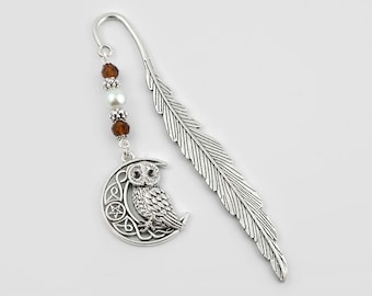 Celtic Owl Bookmark, Silver Owl Charm Bookmark, Celtic Crescent Moon Beaded Bookmark, Unique Owl Gifts