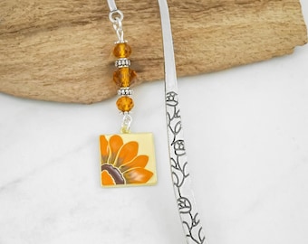 Sunflower Bookmark - Enamel Watercolor Sunflower Painting Charm Tibetan Silver Bookmark - Sun Flower Stationary - Teacher Gifts
