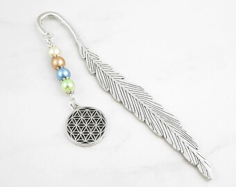 Flower of Life Bookmark Sacred Geometry Gifts Beaded Tibetan Silver Charm Bookmark - Flower of Life Charm Bookmark - Geometric Bookmark