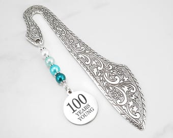 100th Birthday Gift - 100 Years Young Bookmark - Birthday Gift for Men or Women - Charm Beaded Bookmark - Metal Bookmark