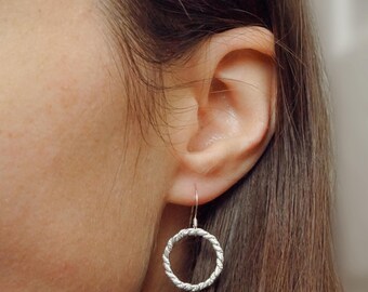 Minimalist 925 Sterling Silver Drop Earrings - Braided Hollow Circle Earrings - Simple Round Charm Earrings, O Ring Earrings, Made in Canada
