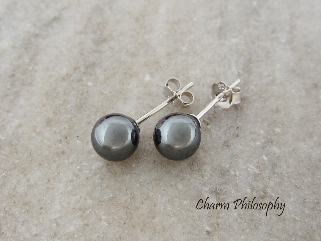 Hematite Stud Earrings 925 Sterling Silver Earrings Round 6mm Studs