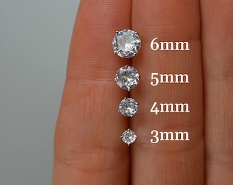 Sterling Silver Stud Earrings - Sparkly Stud Earrings - Round Cubic Zirconia Studs -  925 Sterling Silver Earrings - 3mm, 4mm, 5mm, 6mm