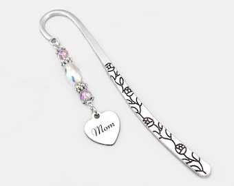 Mom Bookmark - Gifts for Mom - Mother's Day Gift for Mom from Daughter or Son - Beaded Metal Bookmark - Engraved Mom Heart Charm