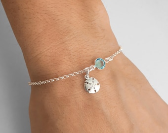 Sand Dollar Bracelet, Sand Dollar Anklet, Birthstone Bracelet, 925 Sterling Silver Rolo Chain Bracelet, Seashell Jewelry, Summer Jewelry