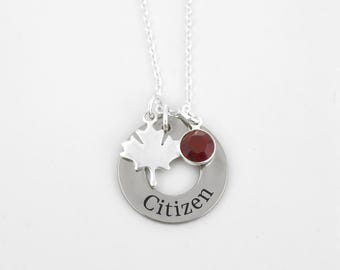 Canadian Citizenship Gift - Custom Silver Maple Leaf Necklace - Personalized Name Necklace with Maple Leaf Charm and Birthstone