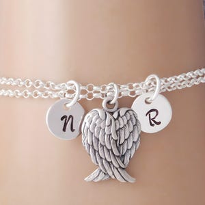 Angel Wings Bracelet: 925 Sterling Silver Double Rolo Chain, Handstamped Initial Charms image 5