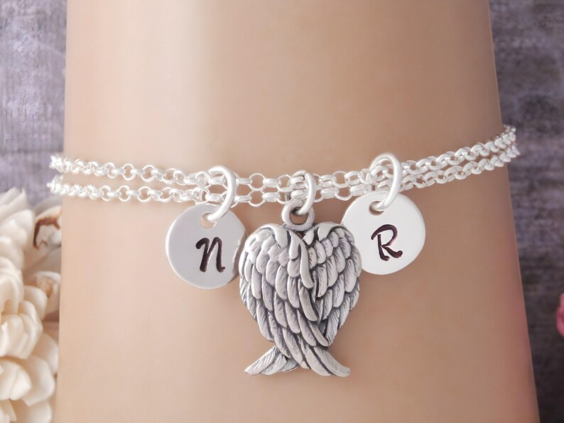 Angel Wings Bracelet: 925 Sterling Silver Double Rolo Chain, Handstamped Initial Charms image 5