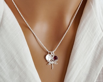 Dragonfly Necklace: 925 Sterling Silver Insect Jewelry, Small Personalized Initial and Birthstone, Dragonfly Gifts