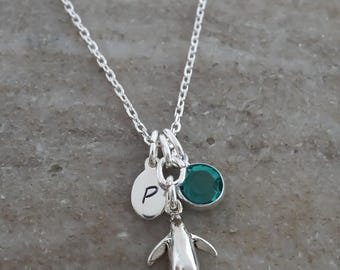 Penguin Necklace - 925 Sterling Silver Jewelry - Penguin Charm - Personalized Initial and Birthstone - Penguin Gifts