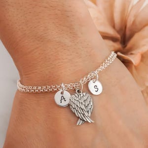 Angel Wings Bracelet: 925 Sterling Silver Double Rolo Chain, Handstamped Initial Charms image 1