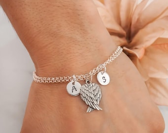 Angel Wings Bracelet: 925 Sterling Silver Double Rolo Chain, Handstamped Initial Charms