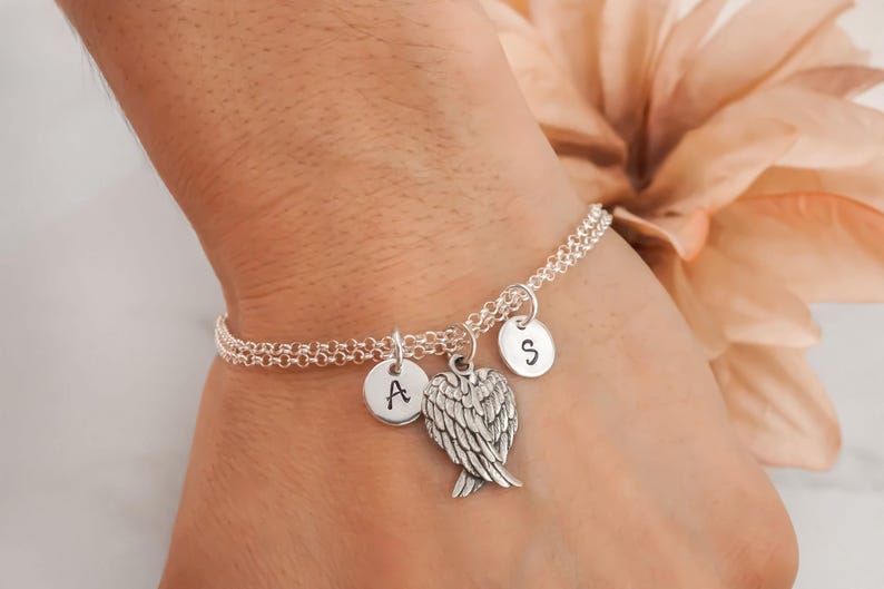 Angel Wings Bracelet: 925 Sterling Silver Double Rolo Chain, Handstamped Initial Charms image 1