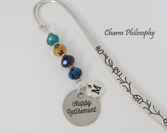 Happy Retirement Bookmark - Personalized Initial Charm - Tibetan Silver Bookmark - Teacher Gifts - Coworker Gifts