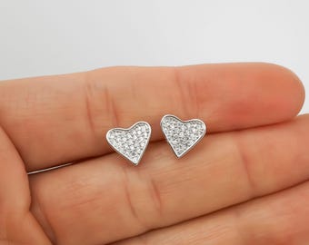 Heart Stud Earrings - Cubic Zirconia Earrings - CZ Heart Studs - 925 Sterling Silver Earrings - Sparkly Heart Earrings - LAST CHANCE