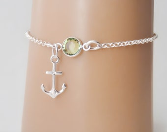 Anchor Bracelet or Anklet - Personalized Birthstone Bracelet - 925 Sterling Silver - Rolo Chain - Dainty Minimalist Bracelet