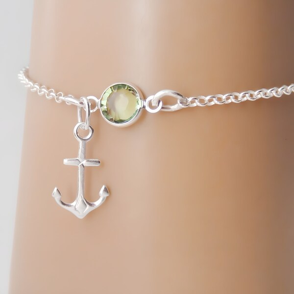 Anchor Bracelet or Anklet - Personalized Birthstone Bracelet - 925 Sterling Silver - Rolo Chain - Dainty Minimalist Bracelet