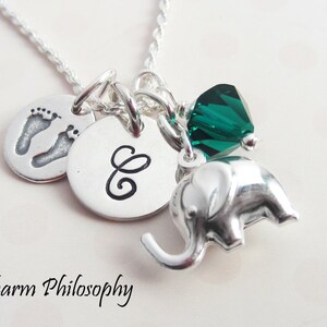 New Mom Necklace - Baby Shower Gift - New Baby Elephant Feet Charm Necklace - 925 Sterling Silver Jewelry - Monogrammed Initial & Birthstone