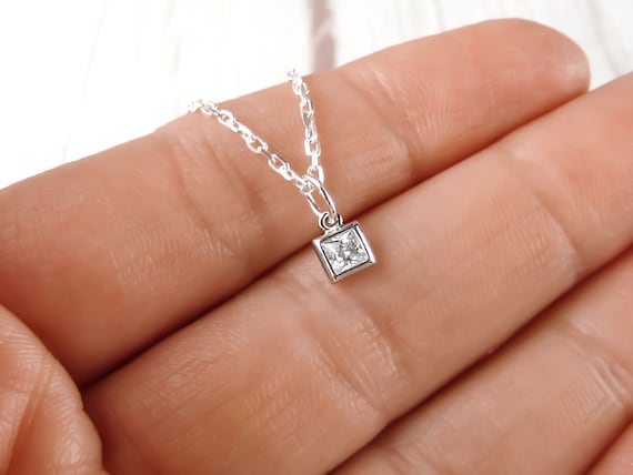Square Cubic Zirconia Charm Necklace, 925 Sterling Silver