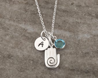 Healing Hand Necklace: 925 Sterling Silver Hopi Hand Jewelry, Personalized Reiki Gifts, Initial and Birthstone Charm