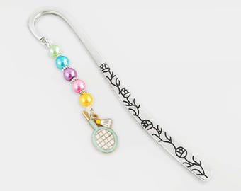 Badminton Bookmark: Enamel Racket and Birdie Charm Beaded Book Marker