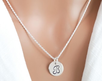 Sterling Silver Initial Necklace: Round Hand Stamped Script Monogram Charm
