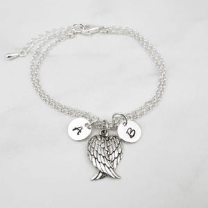 Angel Wings Bracelet: 925 Sterling Silver Double Rolo Chain, Handstamped Initial Charms image 3