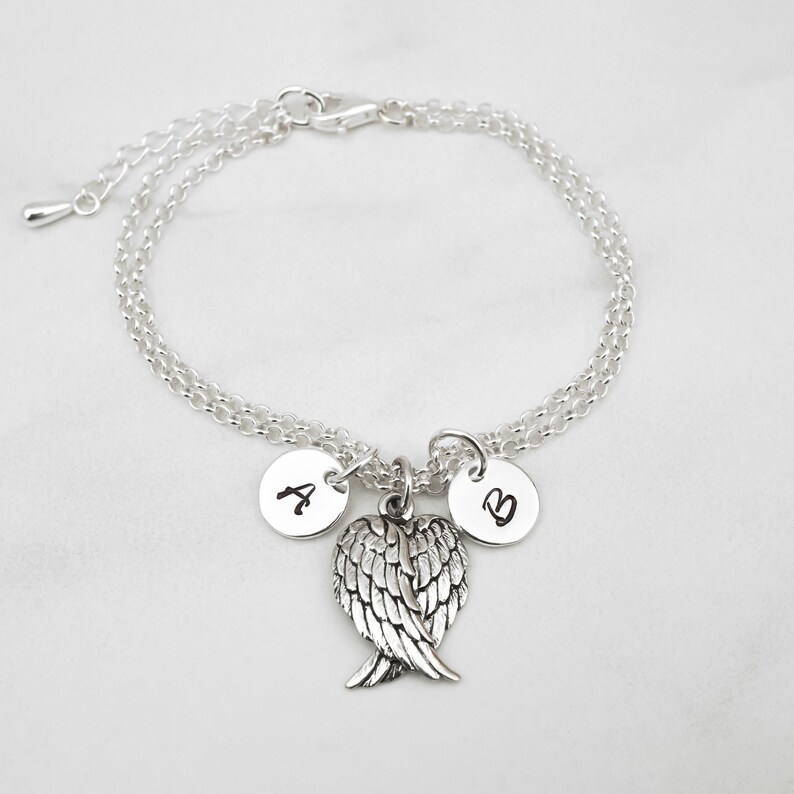Angel Wings Bracelet: 925 Sterling Silver Double Rolo Chain, Handstamped Initial Charms image 3