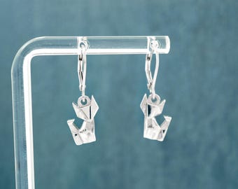 Origami Fox Earrings: 925 Sterling Silver Animal Jewelry, Paper Fox Drop Charms