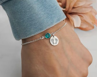 Sterling Silver Baby Feet Bracelet: Personalized Birthstone Charm, New Mom Gift