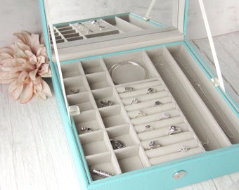 Turquoise Jewelry Box Organizer for Girls and Women Vegan Leather Jewelry Box Black, Pink, Cream, Gray, Coral, White, Blue Jewelry Organizer