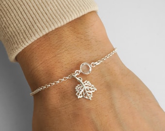 Maple Leaf Birthstone Bracelet or Anklet - Personalized Birthstone Bracelet - 925 Sterling Silver - Rolo Chain - Dainty Minimalist Bracelet