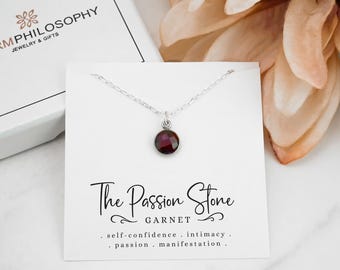 Garnet Necklace - Passion Necklace - 9mm Garnet Pendant - 925 Sterling Silver Jewelry - January Birthstone Necklace - Red Gemstone Charm
