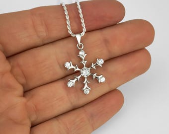 Cubic Zirconia Snowflake Necklace, 925 Sterling Silver Snowflake Jewelry - Winter Jewelry - Christmas Jewelry - LAST CHANCE