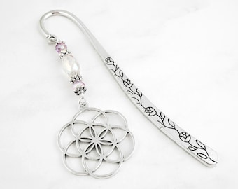 Flower of Life Bookmark - Sacred Geometry Gifts - Beaded Tibetan Silver Charm Bookmark - Flower of Life Charm Bookmark - Geometric Bookmark