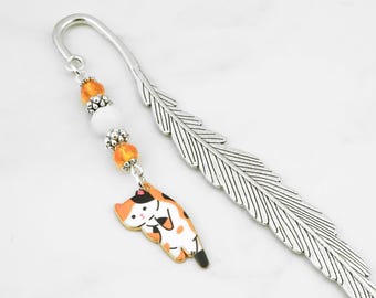 Orange Cat Charm Bookmark: Silver Beaded Cat Lover Gift