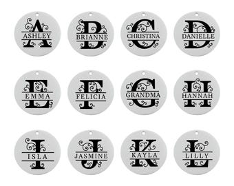 Personalized Monogram Charm Pendant in Silver Stainless Steel - Custom Laser Engraved Round or Square Initial and Name Pendant Add on