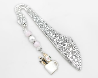 Writer's Bookmark: White Coffee Mug of Pens Charm Beaded Book Marker
