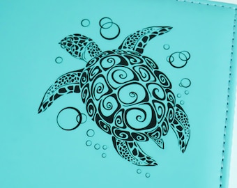 Sea Turtle Jewelry Organizer Box with Mirror, Turquoise Blue, Vegan Leather and Velvet