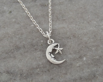 Crescent Moon and Star Necklace - Small Moon with a Face Charm - Minimal Jewelry - 925 Sterling Silver Necklace - Celestial Necklace